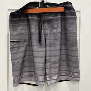 Men's Black and Gray Striped Board Shorts
